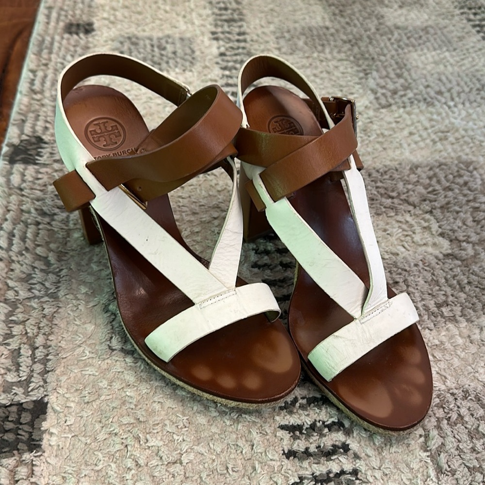 Tory Burch Marbella Brown and Cream Leather Heeled Sandals, W8
